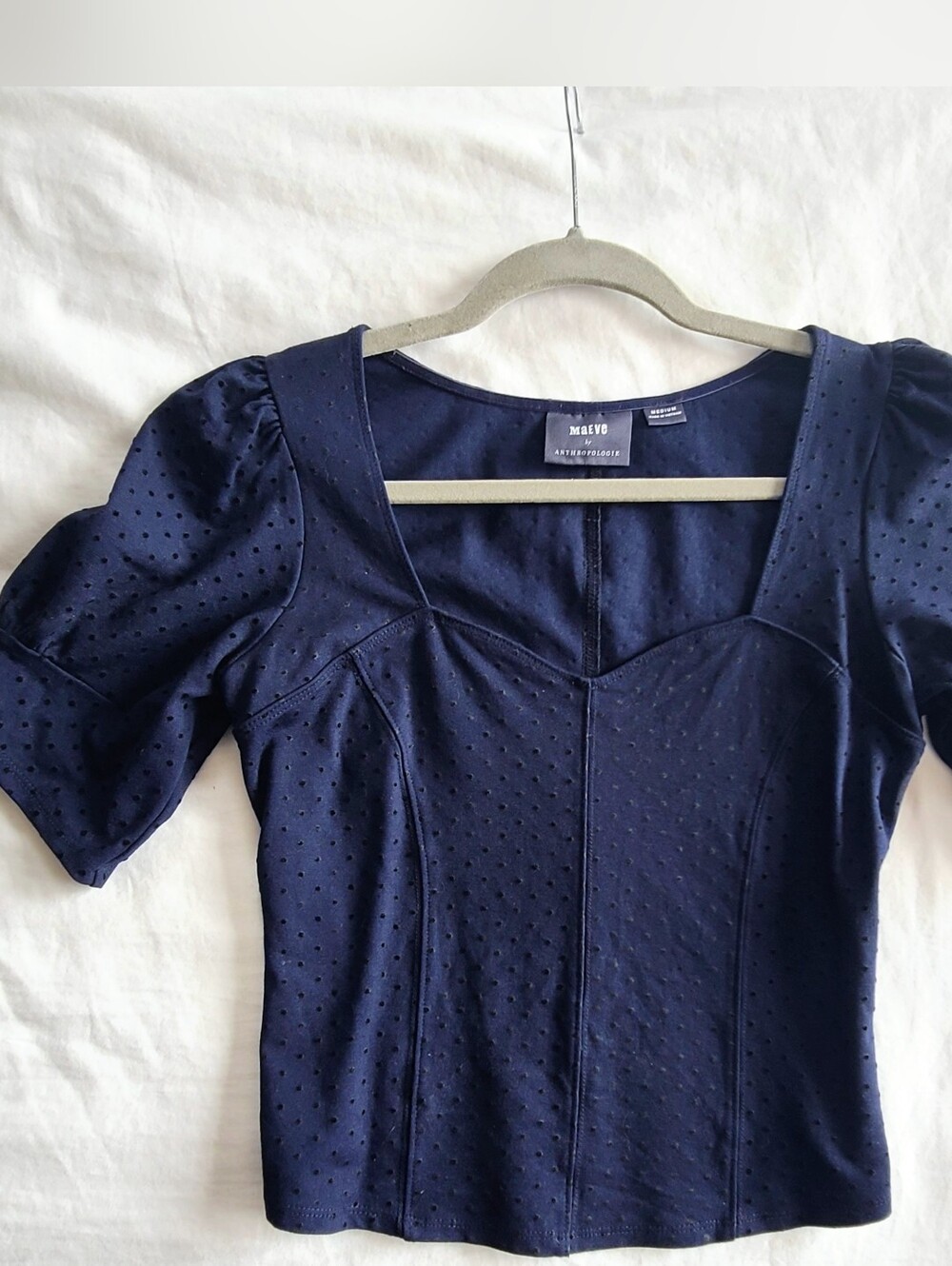 Anthropologie Navy Puff Sleeve Polka Dot Square Neck Top